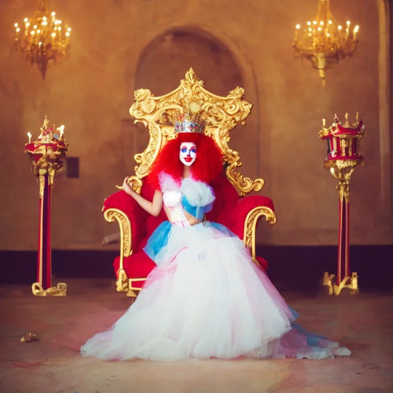 A Tvclown Queen Sitting In A Clown Throne In A Castle, Analo...
