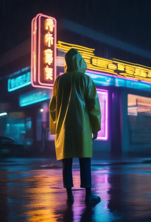 A Raincoat Glowing Under Wet Neon Signage, Cinematic Photogr...