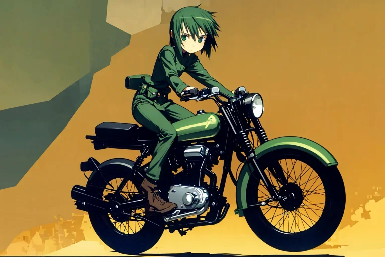 1girl, Short Hair, Long Hair, Green Uniform, Goggles, Motorc...