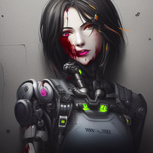 Cyberpunk Girl With Black Gold Cybernetic Limbs Bloodied Fro...