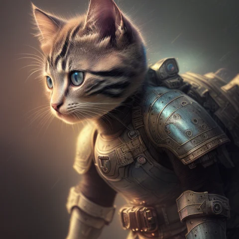 Kitten In The Armor Of The Future, Dark Shot1.17, Epic Reali... — Stable Diffusion AI Prompt: kitten in the armor of the future, (dark shot:1.17), epic realistic, faded, ((ne...