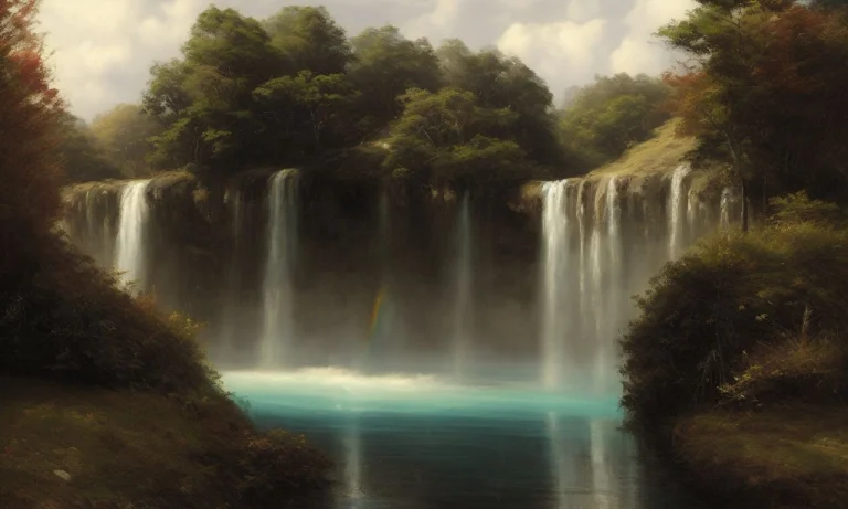 A Majestic Waterfall Cascading Into A Serene Lake, With A Ra...