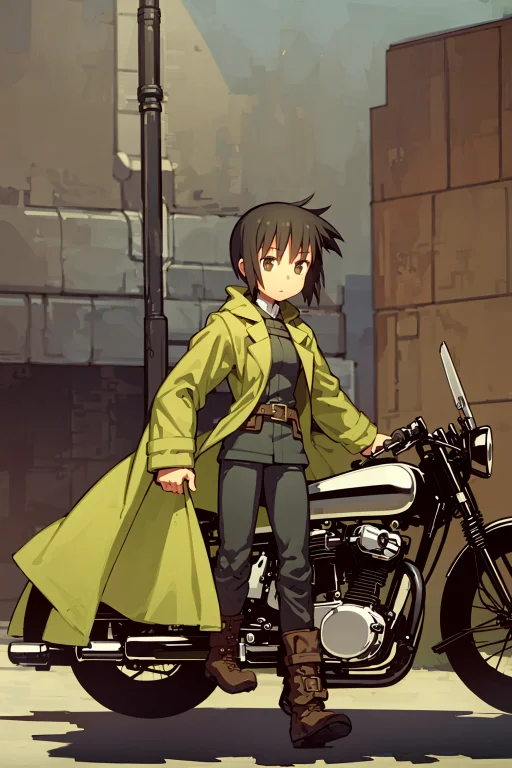 1girl, Green Coat, Brown Pants, Boots, Short Hair, Brown Hai...