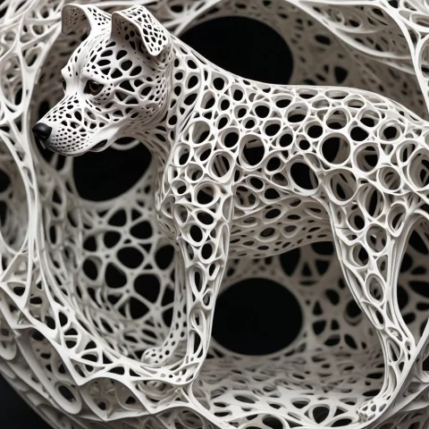 Intricate, Detailed, Dog, Dog Shaped1.5, Gyroid, Lattice Str... — SDXL AI Prompt: intricate, detailed, ((dog, dog shaped:1.5)), gyroid, lattice structure,