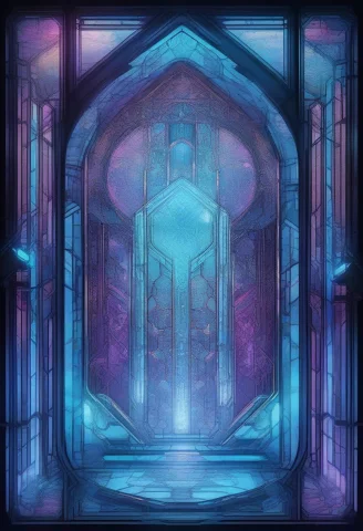 A Cryosleep Chamber Humming With Pale Blue Light, Stained Gl... — SDXL AI Prompt: a cryosleep chamber humming with pale blue light, stained glass style, neon ligh...