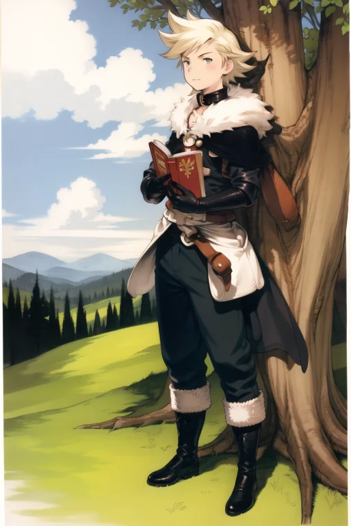 Yoshida Akihiko, 1boy, Black Gloves, Blonde Hair, Book, Boot...