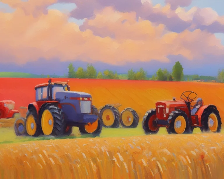 Painting Of Golden Grain Fields Hills, Tractors Harvesting,...