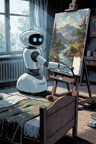 A Poignant, Quiet Graphic Novel Panel Set Inside A Sunlit St... — Stable Diffusion AI Prompt: A poignant, quiet graphic novel panel set inside a sunlit studio bedroom. COMPOS...