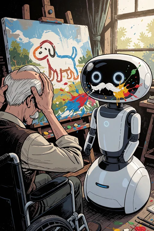 A Detailed Graphic Novel Panel Inside A Sunlit Art Studio. C...
