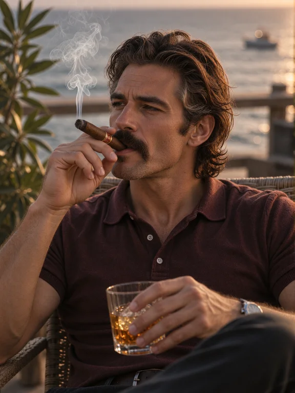 Medium Shot, 1man, Sitting Outdoors, Holding Cigar Up Close...