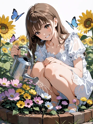 Masterpiece, Best Quality, 1girl, Solo, Long Brown Hair, Flo... — Stable Diffusion AI Prompt: masterpiece, best quality, 1girl, solo, long brown hair, flower garden, watering...