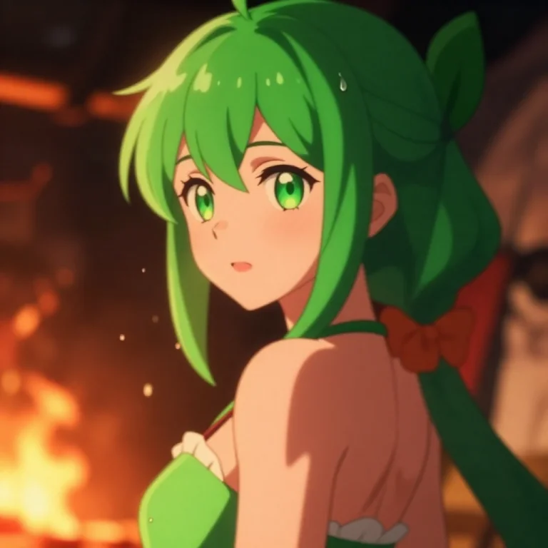 1girl, Waist-length Hair, Green Hair, Side Ponytail, Green E...