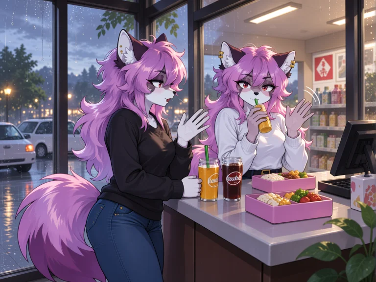 2 Young Furry Women Inside A Quiet Convenience Store At Nigh...