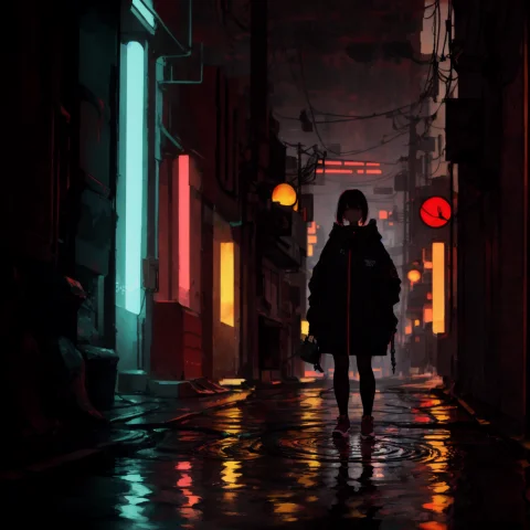 A Cyberpunk Girl Standing In A Puddle,abyss Background, Red... — Stable Diffusion AI Prompt: a cyberpunk girl standing in a puddle,abyss background, red theme, perfect shado...