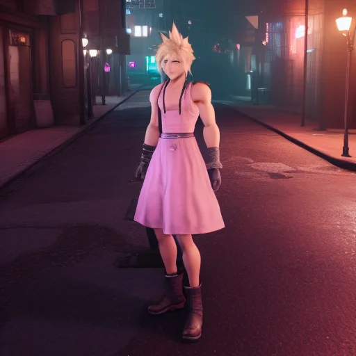 Cloud Strife In A Simple Pink Dress Standing On The Streets...
