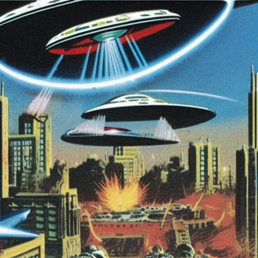 A Flay Saucer Destroying A Building With A Raygun In The Sty...