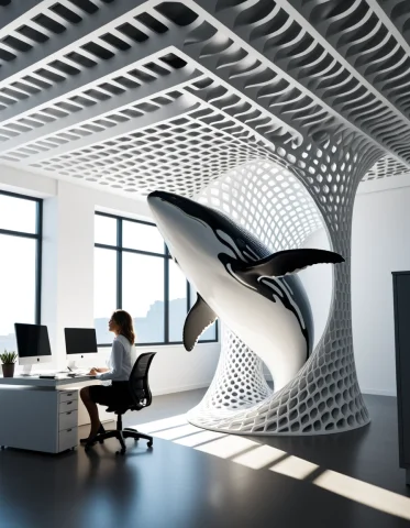 A Massive Humpback Whale Floating Weightlessly Above A Cramp... — SDXL AI Prompt: A massive humpback whale floating weightlessly above a cramped office cubicle, i...