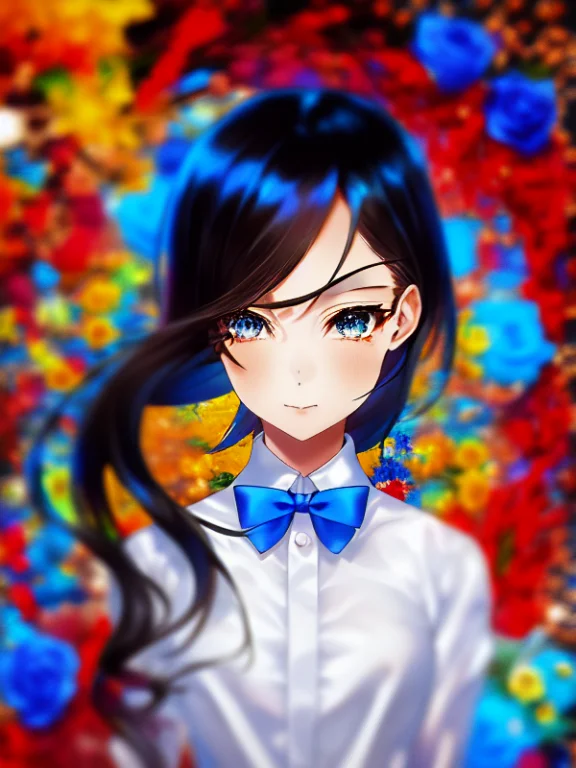 1girl, Bangs, Black Hair, Blue Eyes, Blue Flower, Blue Rose...
