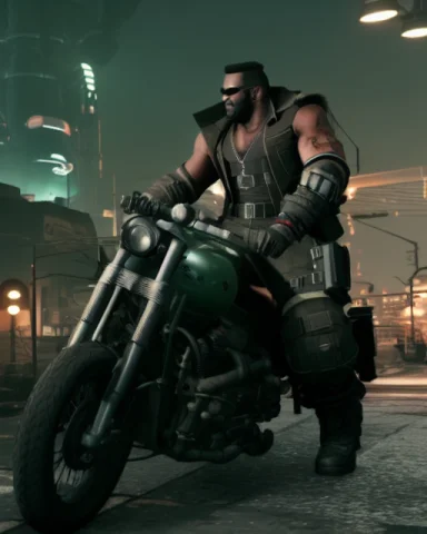 Barret Wallace On A Motorcycle In A Midgar City Train Statio... — Stable Diffusion AI Prompt: barret wallace on a motorcycle in a midgar city train station