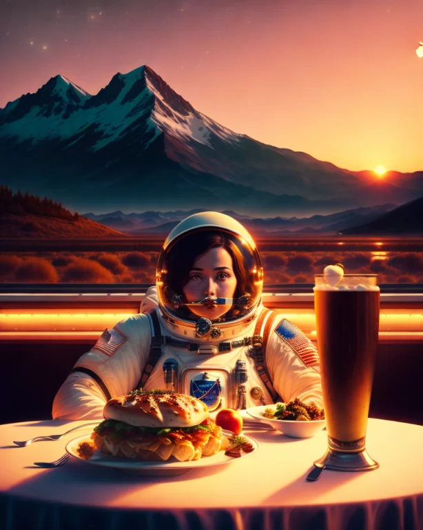 An Astronaut With Apple Logo Eating Dinner, Cinematic, Resta...