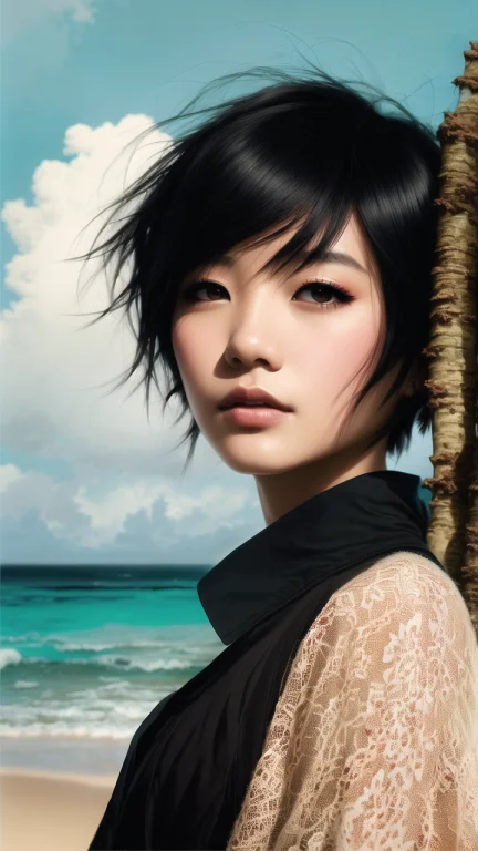Young Woman, Black Hair With Long Pixie Cut In A Bob Style A...