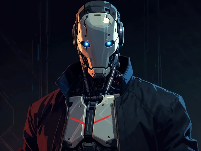 Cyborg Man With Glowing Blue Eyes Metal Face Black Jacket Da...