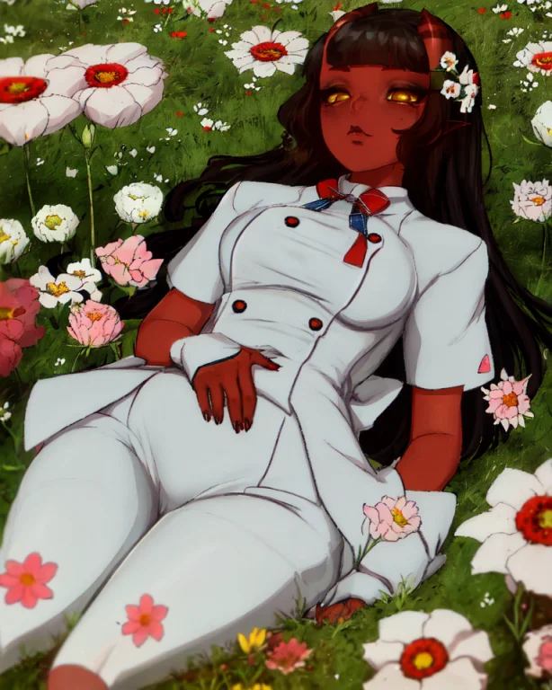 Girl,flowers,field,white Outfit,yellow-orange Eyes,meru The...
