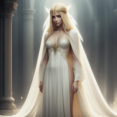 Beautiful Blonde Woman Full-length Dressed In Transparent An... — Stable Diffusion AI Prompt: Beautiful blonde woman full-length dressed in transparent angelic robe, angelic,...