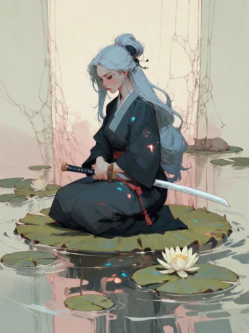 Bradhamel Art Style. A Serene, Seated Female Figure With Lon... — Stable Diffusion AI Prompt: Bradhamel art style. A serene, seated female figure with long flowing blue hair...