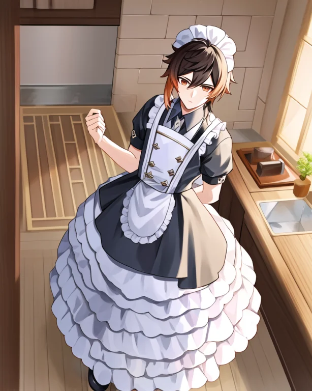 Male, Zhongli Genshin Impact, In Maid Outfit, Standing In A...