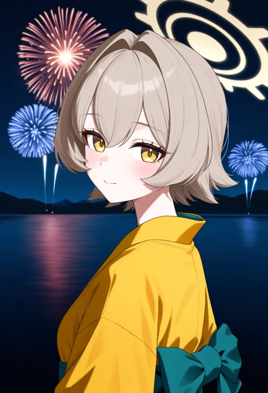 Wearing Yellow Kimono, Looking Back, Lake Background, Night,...