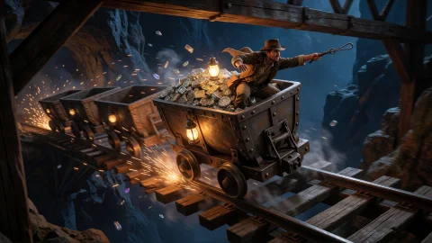 A Male Treasure Hunter Crouches Inside A Runaway Mine Cart P... — Stable Diffusion AI Prompt: A male treasure hunter crouches inside a runaway mine cart packed with ancient s...