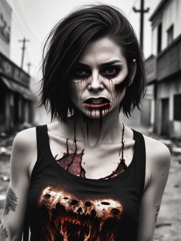 Terrifying Grotesque Zombie Woman Wearing Ripped Tshirt And... — Stable Diffusion AI Prompt: terrifying grotesque zombie woman wearing ripped tshirt and shorts in a desolate...