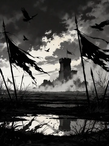A Black And White Digital Illustration In A Dramatic Ink Sty... — Stable Diffusion AI Prompt: a black and white digital illustration in a dramatic ink style. A wide, empty ba...