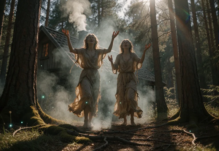 Tall Slender Figures Loom Over A Rustic Cabin Nestled Among...