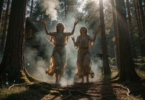 Tall Slender Figures Loom Over A Rustic Cabin Nestled Among... — Stable Diffusion AI Prompt: Tall slender figures loom over a rustic cabin nestled among ancient pine trunks,...