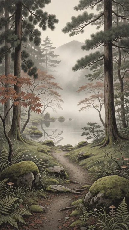 A Slightly Elevated Viewpoint In A Tranquil Japanese Forest,...