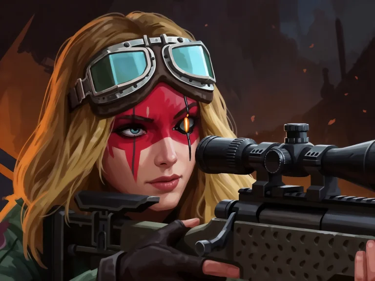 Blonde Woman With Goggles Red Face Paint Aiming Sniper Rifle...