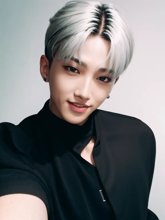 Selfie512 Of A Man , Black Shirt1.3,white Hair1.2, Kpop Boy,...
