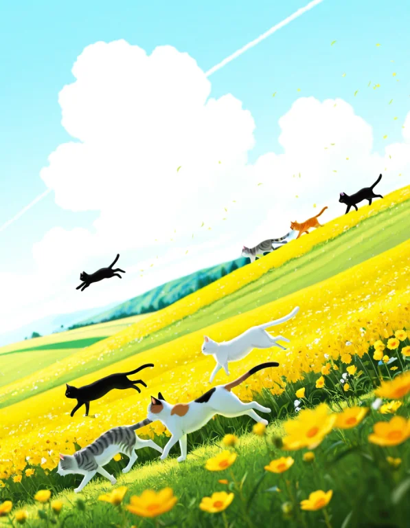 Multiple Cats, Group Of Cats, Playing On Open Field, Running...