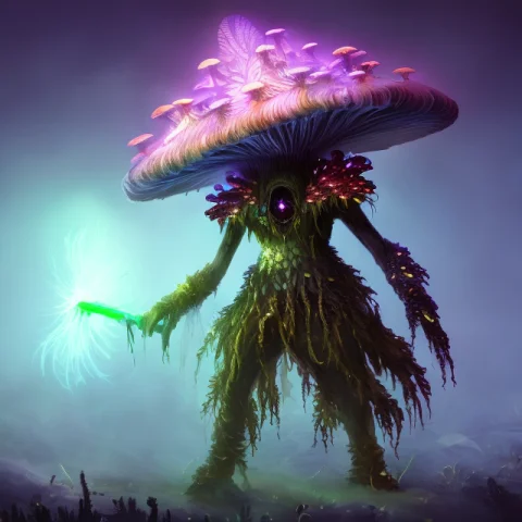 Myconid Person Alien Monster, Bio-luminescent, Glowing Node,... — Stable Diffusion AI Prompt: (myconid person) alien monster, bio-luminescent, glowing node, (spores), zombie,...