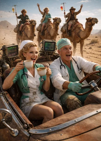 Lorakrea2 - Style - Chatgpt Krea 21,a Hyper-energetic Nurse... — Stable Diffusion AI Prompt: ,A hyper-energetic nurse in scrub cap and stethoscope now sits shotgun in a dust...