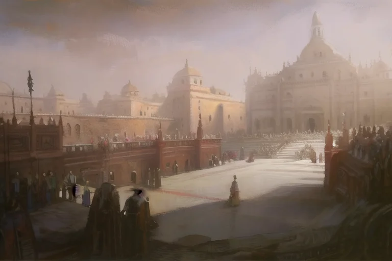 A Painting Of A City With A Lot Of People Standing On Top Of...