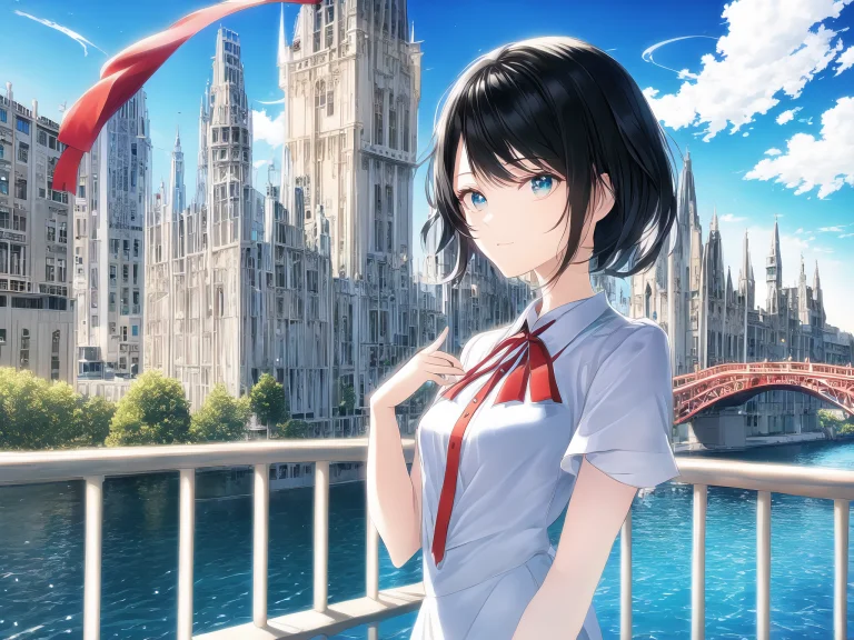 1girl,bangs,blackhair,bluesky,bridge,building,castle,city,ci...
