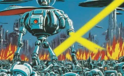 A Giant Robot With Claws Destroying A Building With A Death... — Stable Diffusion AI Prompt: a giant robot with claws destroying a building with a death ray in the style mar...