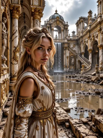 Hrgec, Hidden Ruined-ge Courtyard, Close-up Of A Blonde Low... — Stable Diffusion AI Prompt: HRGEC, Hidden Ruined-GE Courtyard, close-up of a blonde low up-do haired woman,...