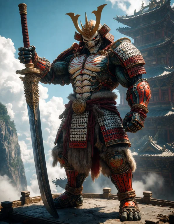 A Samurai Titan In Exaggerated Lacquered Armor, With Predato...