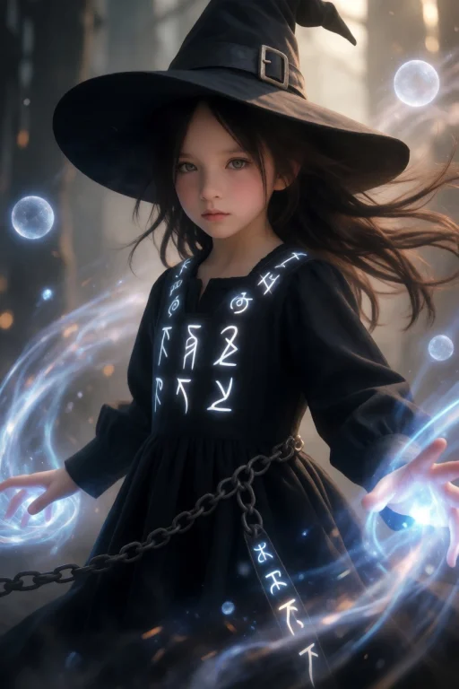 Young Witch Girl With Striking Eyes, Wearing A Modern Black...