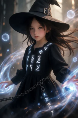 Young Witch Girl With Striking Eyes, Wearing A Modern Black... — Stable Diffusion AI Prompt: Young witch girl with striking eyes, wearing a modern black dress with magical r...