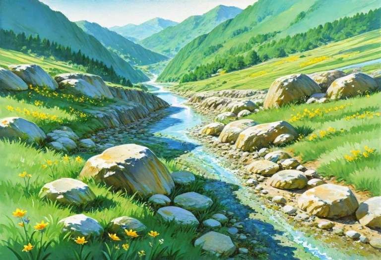 Painterly, Traditional Media. Outdoors, Daytime, Hills, Gras...